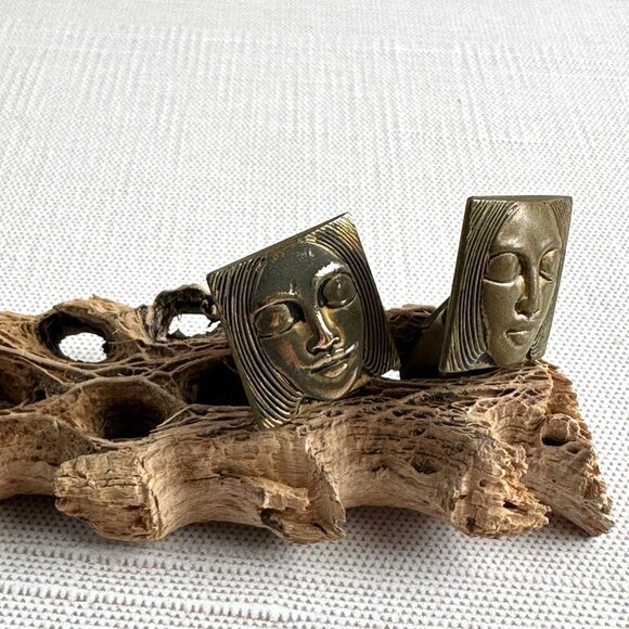 1960s Artisan Brass Face Cufflinks Brutalist Style - Picture 5 of 7